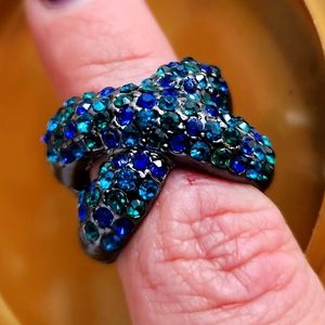 Black steel‎ vintage 6.5 adjustable blue&teal crystal encrusted X statement ring